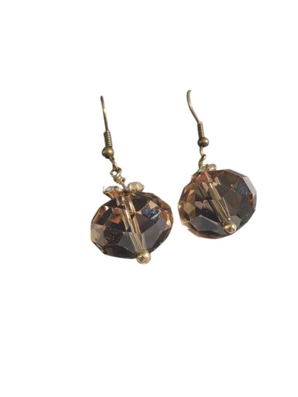 Vintage Brown Glass Beaded Dangle Earrings Gold Tone Hooks Clear Comfort Backs